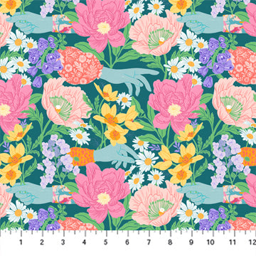 Dreamscape by Josephine Kimberling for Figo Fabrics: Friendship Garden - Teal Multi (90562-68)