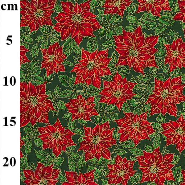 Christmas Cotton Print from Rose & Hubble: Green/Red Gold Metallic Poinsettias