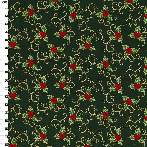 Christmas Cotton Print from Rose & Hubble: Green/Gold Metallic Holly Swirls