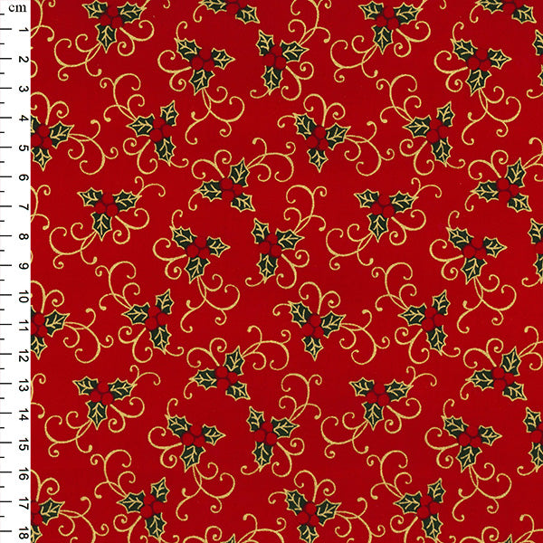 Christmas Cotton Print from Rose & Hubble: Red/Gold Metallic Holly Swirls