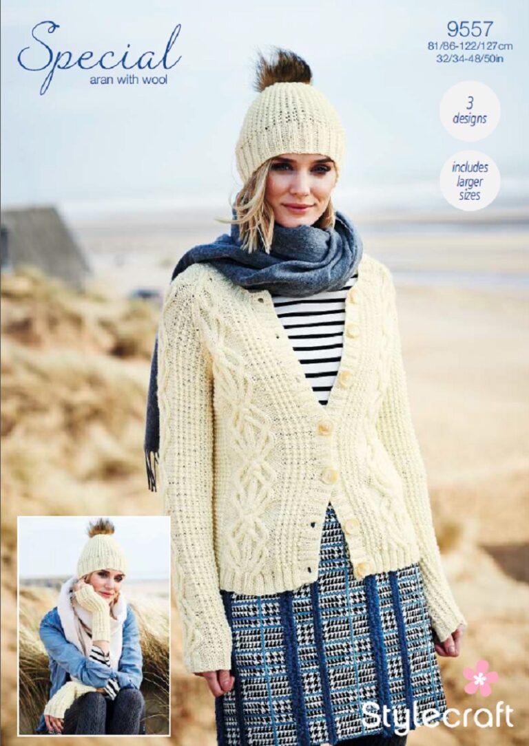 Cardigan, Hat and Mittens in Stylecraft Special Aran with Wool 9557 (printed pattern)