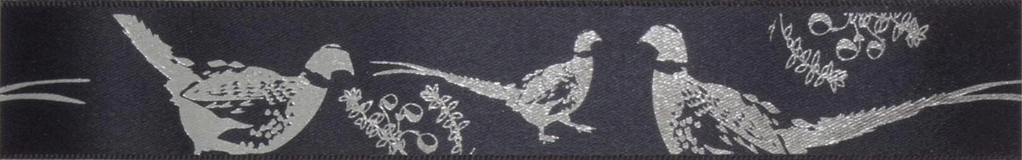 Pheasants Satin Ribbon 25mm: Black and Silver