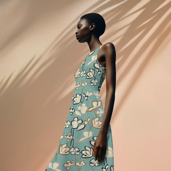 Light & Lush Viscose Twill: Blue/Gold Abstract Floral