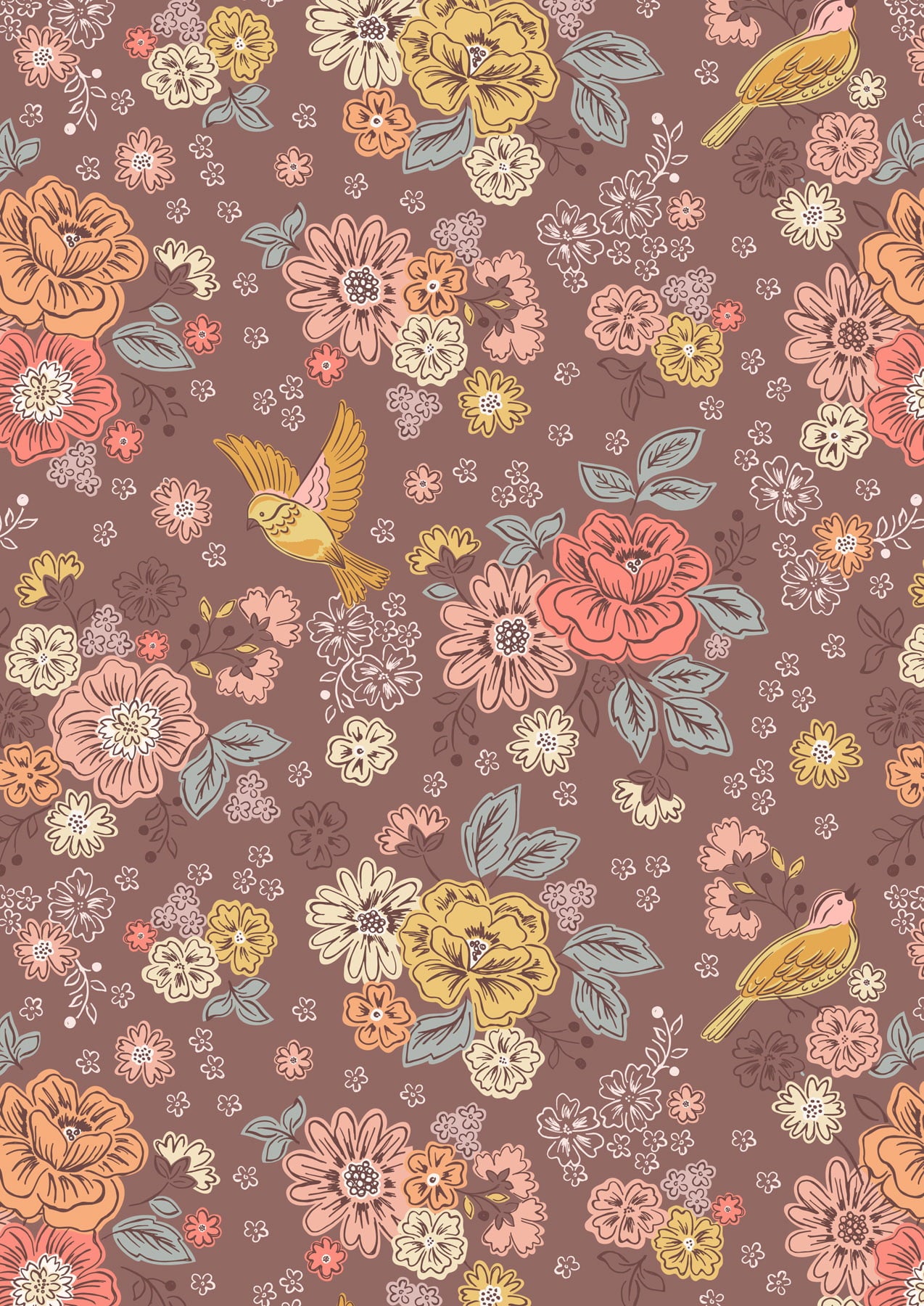 Hannahs Flowers by Lewis & Irene: Songbirds and Flowers on Soft Brown (A614.3)