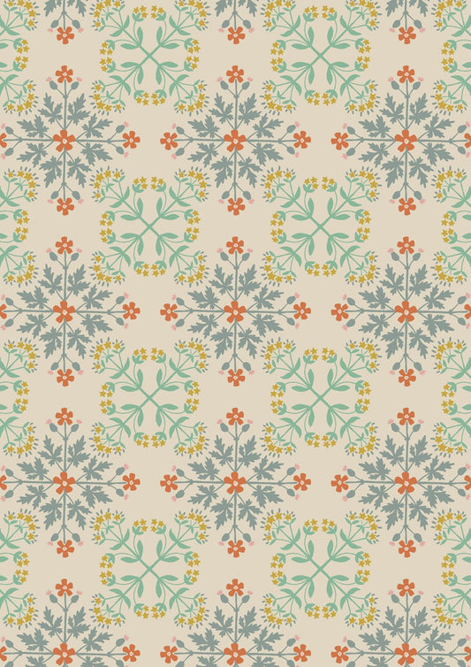 Majolica by Jo Rose for Lewis & Irene: Floral Tile on Dark Cream (A665.1)