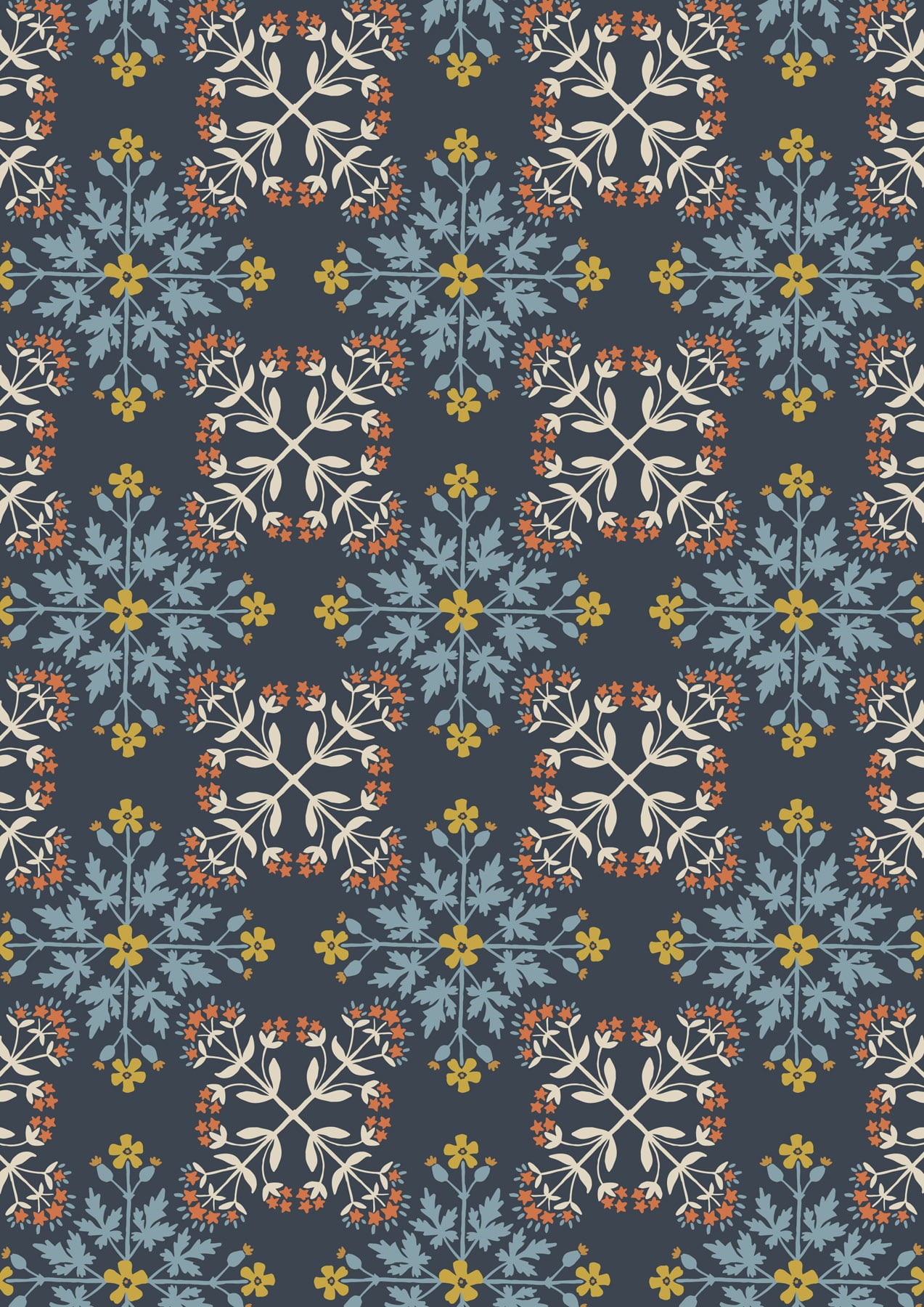 Majolica by Jo Rose for Lewis & Irene: Floral Tile on Dark Blue (A665.3)