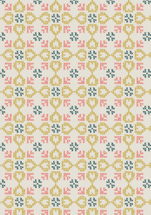 Folk Floral by Jo Rose for Lewis & Irene: Cross Stitch Hearts on Cream (A669.1)