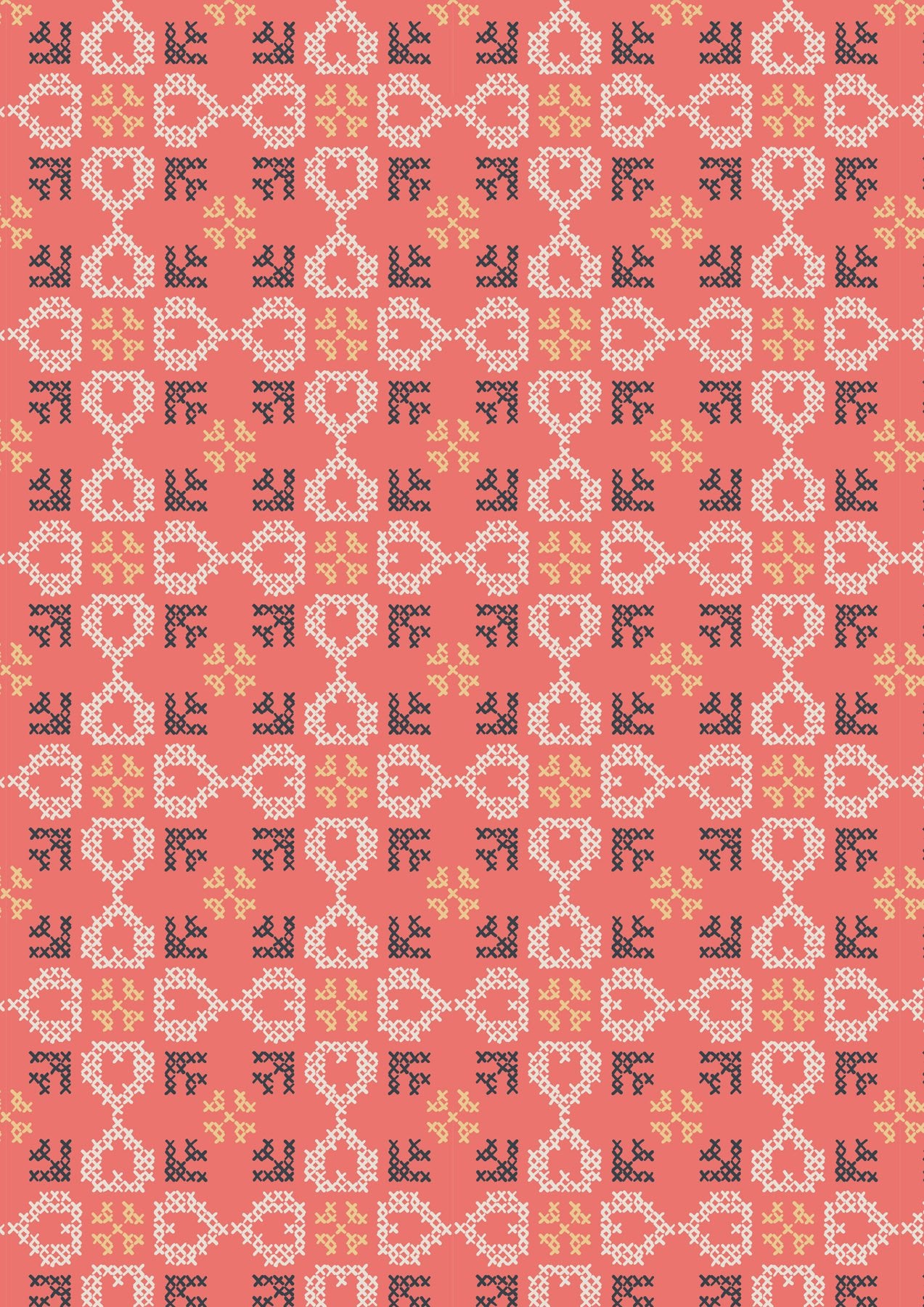 Folk Floral by Jo Rose for Lewis & Irene: Cross Stitch Hearts on Coral (A669.2)