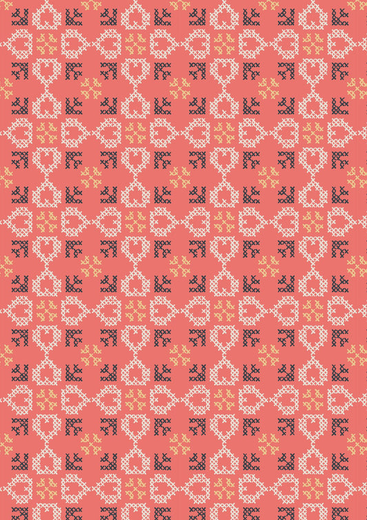 Folk Floral by Jo Rose for Lewis & Irene: Cross Stitch Hearts on Coral (A669.2)