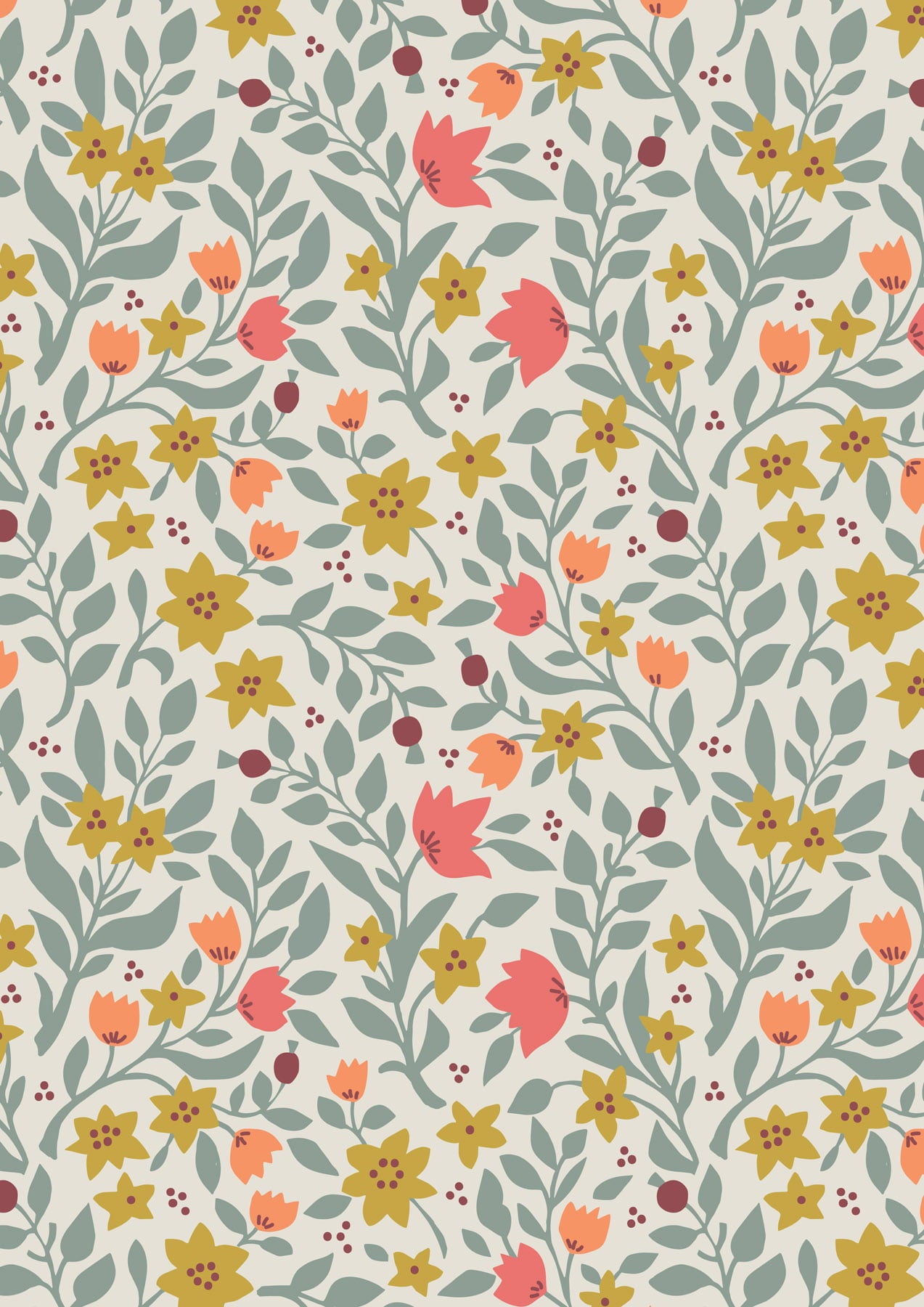 Folk Floral by Jo Rose for Lewis & Irene: All Over on Cream (A670.1)