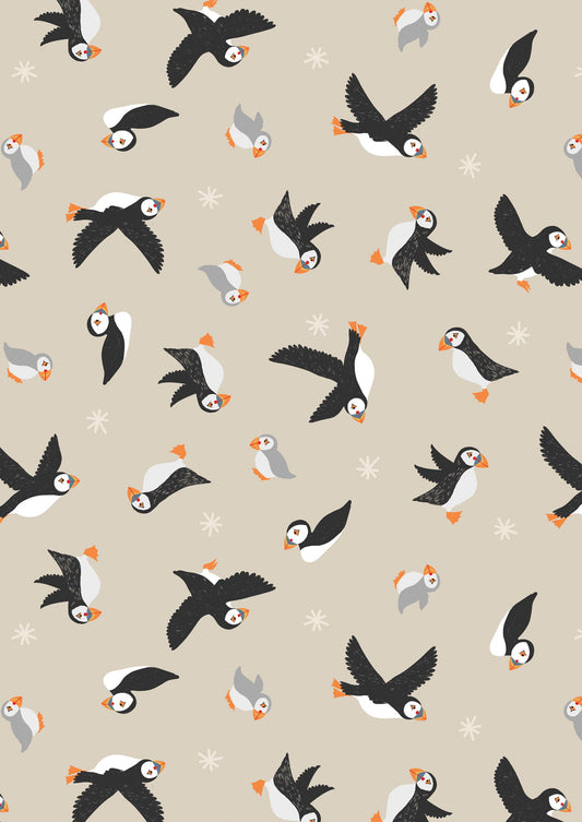 Puffin Bay by Lewis & Irene: Puffins on Dark Cream (A688.1)