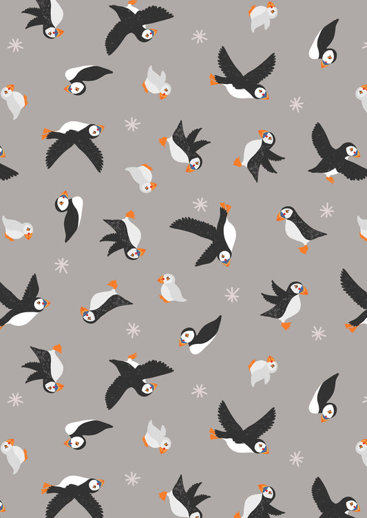 Puffin Bay by Lewis & Irene: Puffins on Warm Grey (A688.3)