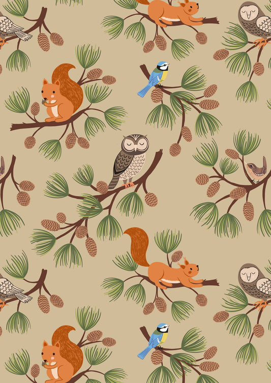 Evergreen by Lewis & Irene: Pine Cone Branches on Beige (A691.2)