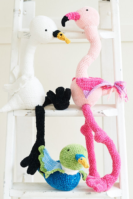 Crochet Flamingo, Swan and Duck in Stylecraft Squeeze Me DK 10086