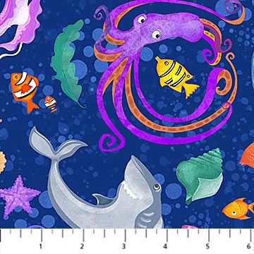 ABC 123 by Bonnie Lemaire for Northcott Fabrics: Sealife Toss - Multi on Blue (24948-46)