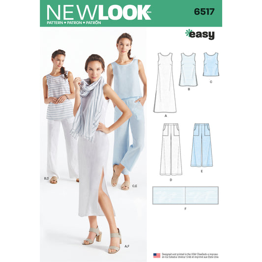 New Look Sewing Pattern 6517: Women's Easy to Sew Dress, Tunic, Top, Trousers and Scarf