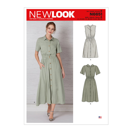 New Look Sewing Pattern 6651: Misses' Button Front Dress with Elastic Waist