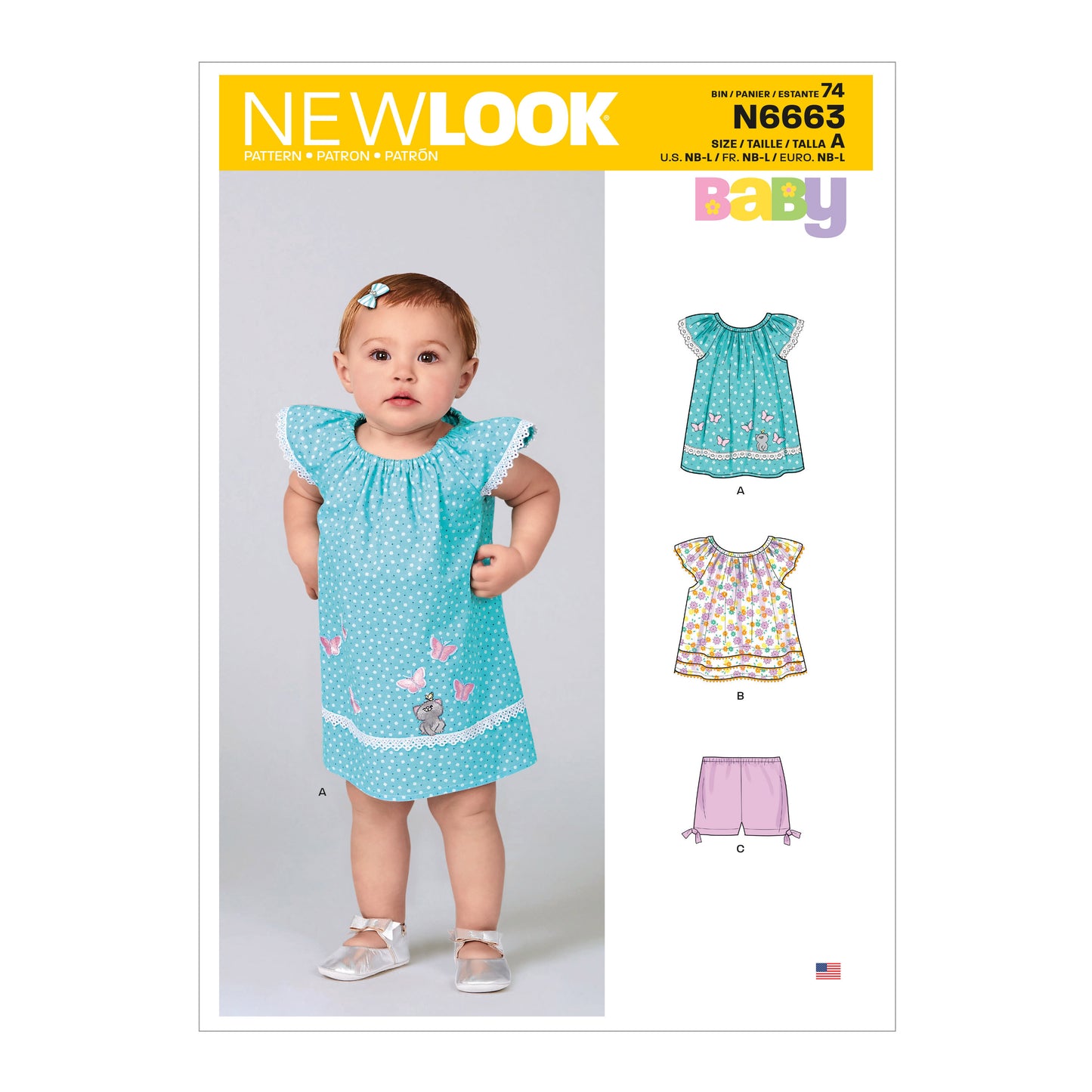 New Look Sewing Pattern 6663: Infants' Dress, Top with Appliqués and Trims, and Trousers with Bows at Hem