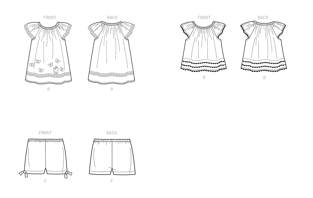 New Look Sewing Pattern 6663: Infants' Dress, Top with Appliqués and Trims, and Trousers with Bows at Hem