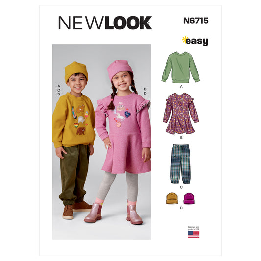 New Look Sewing Pattern 6715: Children's Easy to Sew Top, Trousers Dress and Hat