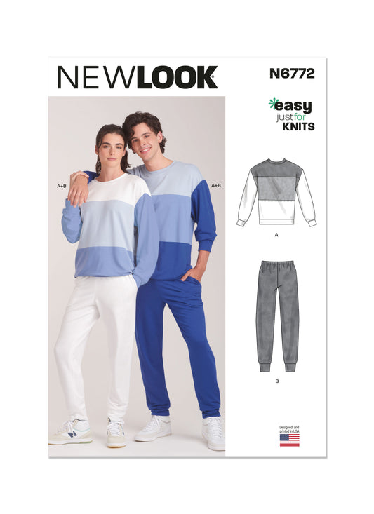 New Look Sewing Pattern 6772: Unisex Easy Just for Knits Top and Jogger Bottoms