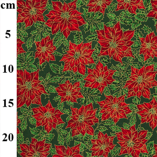 Christmas Cotton Print from Rose & Hubble: Green/Red Gold Metallic Poinsettias