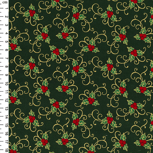 Christmas Cotton Print from Rose & Hubble: Green/Gold Metallic Holly Swirls
