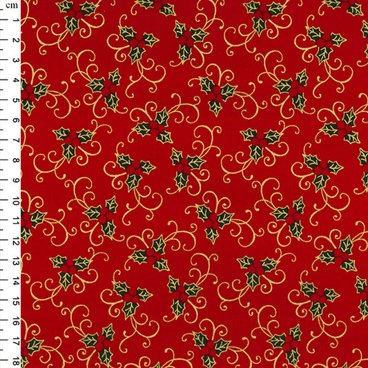 Christmas Cotton Print from Rose & Hubble: Red/Gold Metallic Holly Swirls