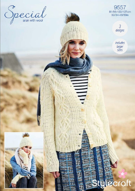 Cardigan, Hat and Mittens in Stylecraft Special Aran with Wool 9557 (printed pattern)