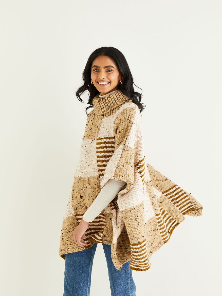 Roll Neck Check Poncho in Hayfield Bonus Chunky Tweed 10344