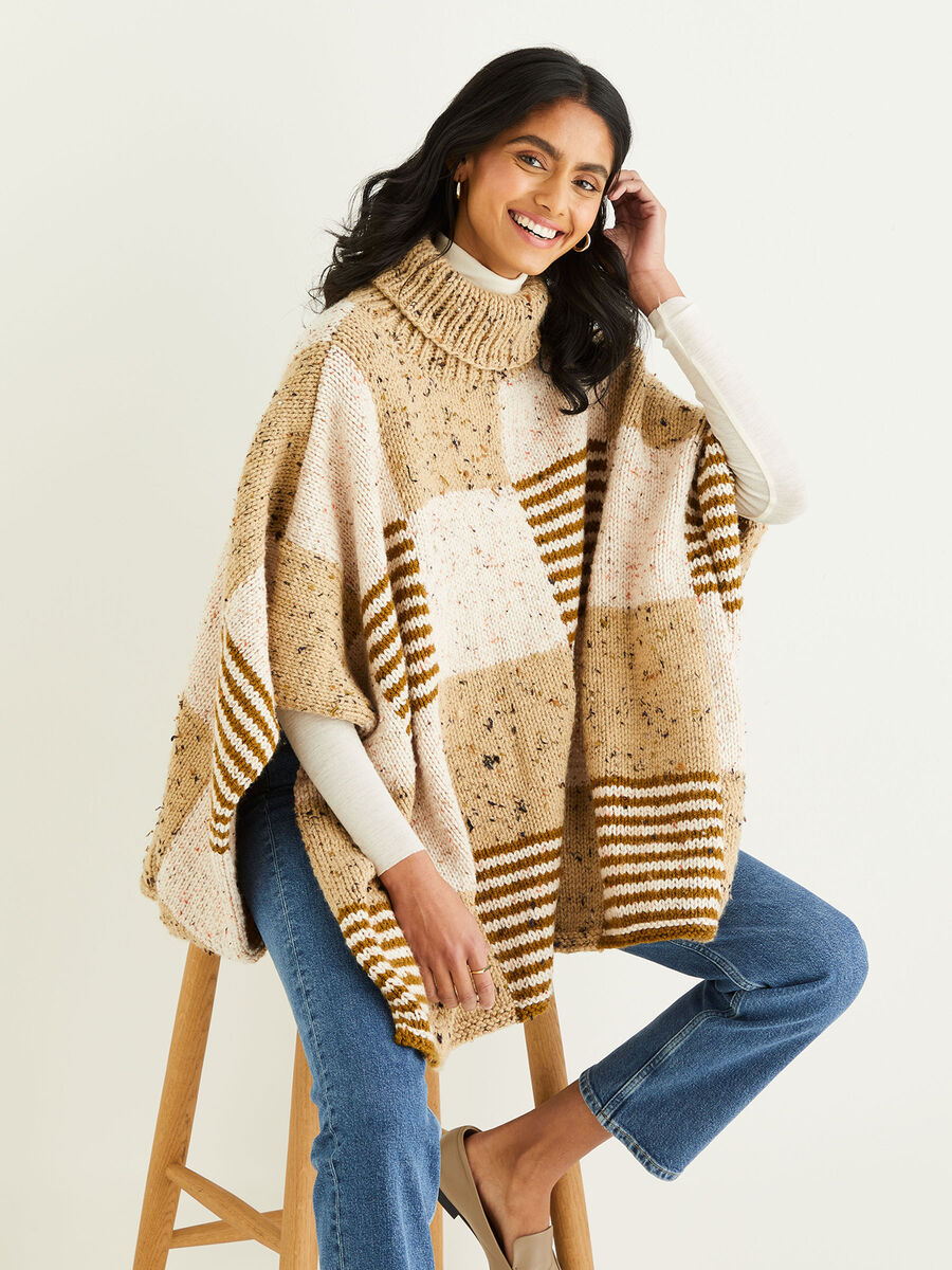 Roll Neck Check Poncho in Hayfield Bonus Chunky Tweed 10344