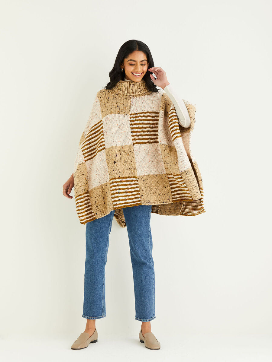 Roll Neck Check Poncho in Hayfield Bonus Chunky Tweed 10344