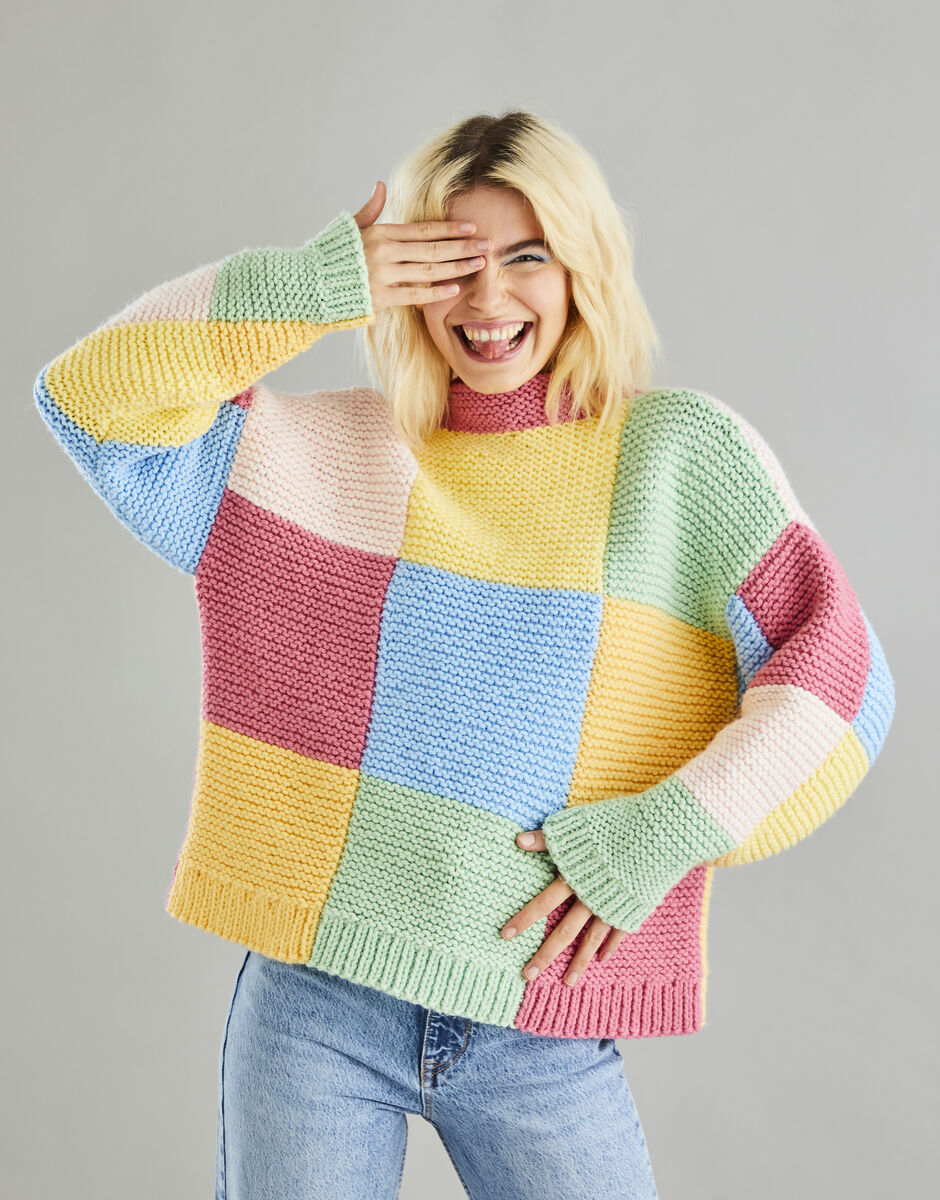 Patchwork Funnel Neck Sweater in Hayfield Bonus Chunky 10601