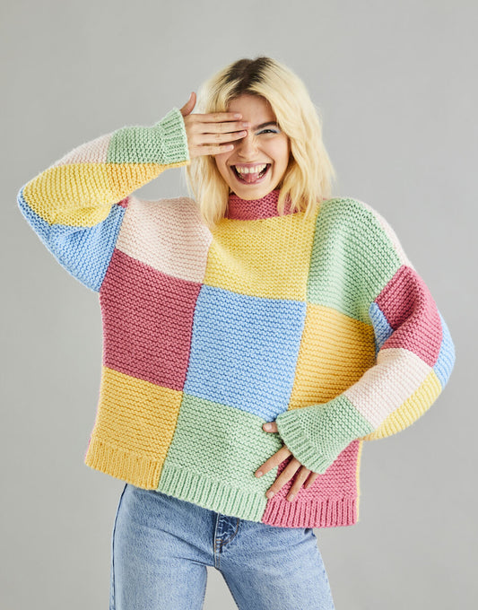 Patchwork Funnel Neck Sweater in Hayfield Bonus Chunky 10601