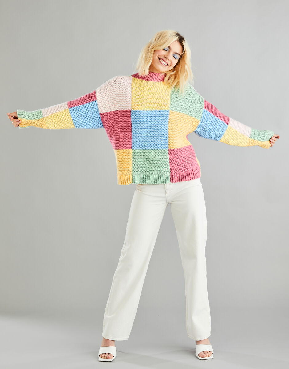 Patchwork Funnel Neck Sweater in Hayfield Bonus Chunky 10601