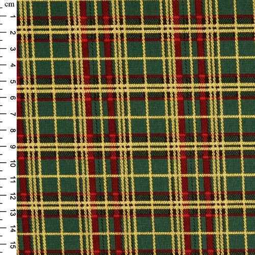 Christmas Cotton Print from Rose & Hubble: Green/Gold Metallic Tartan