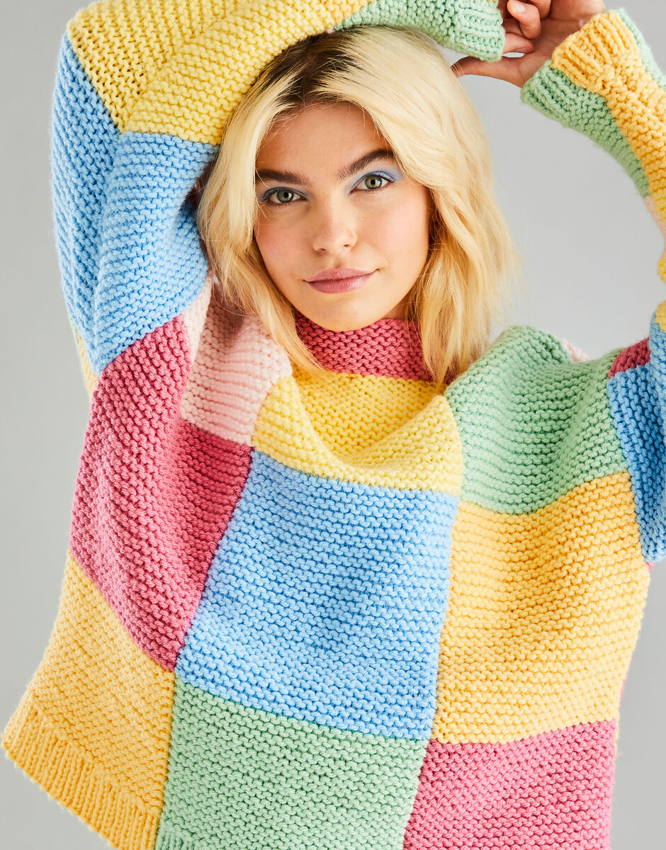Patchwork Funnel Neck Sweater in Hayfield Bonus Chunky 10601